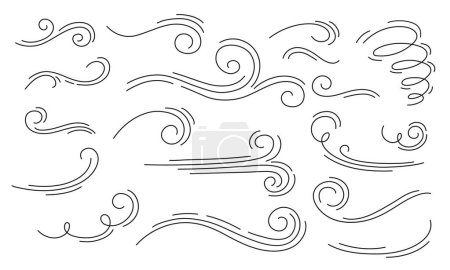 Ilustración de Doodle movimientos de viento de aire, huracán soplo y tormentas ventosas olas de flujo, efectos de dibujos animados vectoriales en el arte de línea. Viento otoñal soplando en movimiento de velocidad, nubes espirales ventosas de huracán de invierno o brisa de verano - Imagen libre de derechos