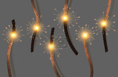 Illustration for Dynamite fuses, bomb burning wicks of TNT explosive with sparks, realistic vector. Dynamite wick fuse with fire sparks, explosion detonator cables ropes with sparkles for firecracker or pyrotechnics - Royalty Free Image