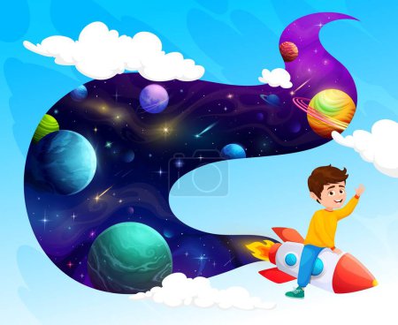 Illustration for Cheerful kid flying on rocket. Kindergarten and elementary school education, astronomy knowledge learning cartoon vector concept or background with boy flying on spaceship, fantastic space planets - Royalty Free Image
