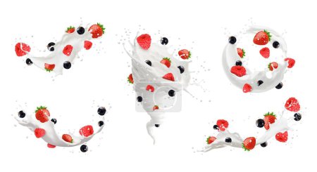 Illustration for Milk drink swirl splashes with berries and cream drops, vector realistic food or cosmetics. 3d fresh strawberry, raspberry and blackcurrant fruits with flowing milk wave, circle and swirl set - Royalty Free Image