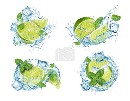 Illustration for Realistic mojito, ice cubes, lime fruit, splash and mint leaves. 3d swirls, wave and flow of vector alcohol drink. Cuban mojito cocktail splashes set with soda water, citrus fruit juice, rum and ice - Royalty Free Image