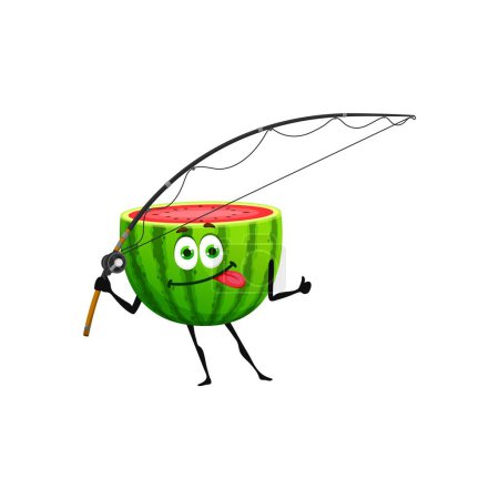 Illustration for Cartoon watermelon character with fishing rod. Sweet watermelon comical personage, summer fruit isolated vector funny mascot or summer vacation cute character going on fishing - Royalty Free Image