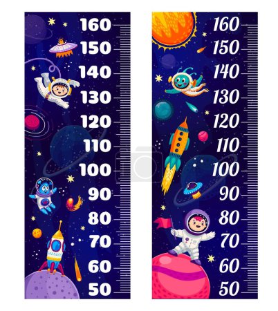 Ilustración de Niños regla tabla de medida de altura con planetas de galaxias, astronautas y cohetes espaciales, medidor de crecimiento de vectores. Niños en el espacio exterior en la nave espacial con OVNI marciano alienígena en el cielo de la galaxia para el bebé regla de medida alta - Imagen libre de derechos