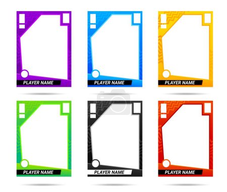 Illustration for Sport trading card frames, team player photo picture vector templates. Sportsman or game player sport trading cards with copy space background and name layouts collection with rectangle blank design - Royalty Free Image