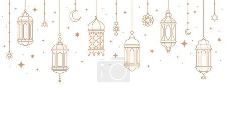 Téléchargez les illustrations : Ramadan kareem lanternes arabes et les lampes bordent. Moyen-Orient antique kérosène suspendue lumière souligner ou bordure, mosquée ancienne lampe à gaz ou ramadan musulman karem lanterne vecteur diviseur ou séparateur - en licence libre de droit