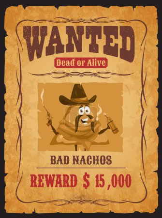 Illustration for Western wanted poster with bad nachos robber character. Vintage Wild West dead or alive vector banner of mexican tex-mex corn chip cowboy personage with gun, hat, bandana, dynamite bomb and cigar - Royalty Free Image