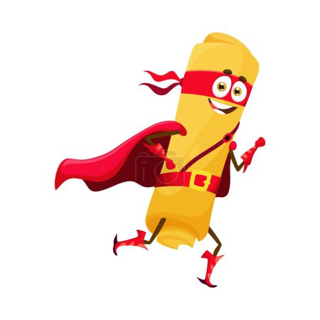 Illustration for Cartoon casarecce italian pasta food superhero character. Isolated vector personage of Italy cuisine with funny face and happy smile hurry to save the world. Cheerful homemade macaroni emoticon - Royalty Free Image