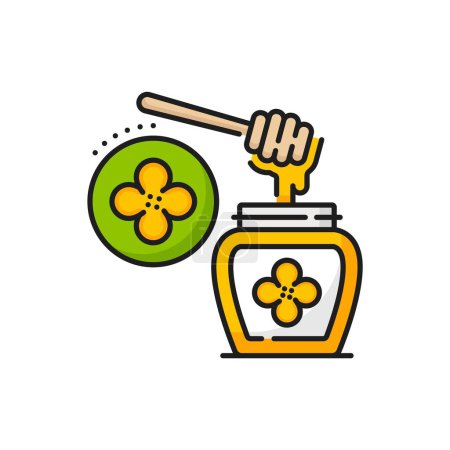 Ilustración de Colza, icono de la miel de canola, signo lineal vectorial de gotas doradas goteando de la cacerola en un frasco de vidrio con la etiqueta de la flor de Colza Brassica, que simboliza los ingredientes naturales y el símbolo de producción orgánica - Imagen libre de derechos