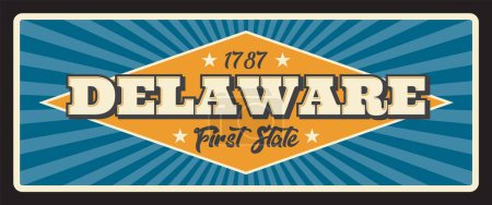 Illustration for Delaware vintage travel plate, American state card, touristic plaque of Dover capital, Wilmington. Vector Delaware first state vector banner, tourism destination sign. Retro board, signboard - Royalty Free Image