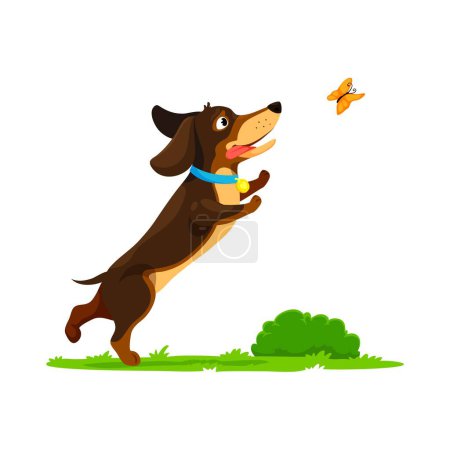 Ilustración de Personajes de cachorro perro salchicha de dibujos animados se deleita en la captura de mariposas. Vector mascota con cola meneando juguetonamente persigue a las coloridas criaturas aladas, difundiendo alegría y capturando la belleza de la naturaleza - Imagen libre de derechos