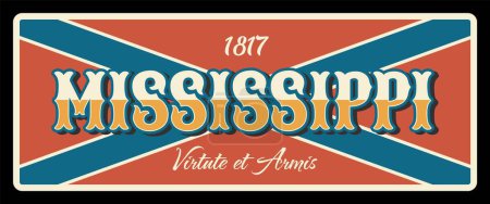Illustration for Mississippi vintage sign USA state travel plate, vector US state symbol of American tourism and traveling. Virtute et armis Mississippi coat of arms motto, Jackson capital - Royalty Free Image
