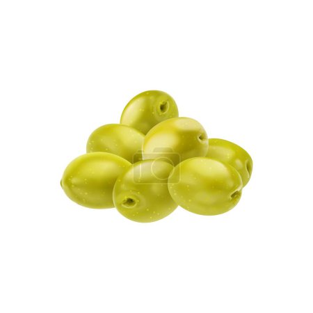 Illustration for Realistic isolated green olives, whole with seeds for organic food and pickles package, vector pile. Raw green olives for extra virgin olive oil, farm harvest, organic food cuisine and natural snack - Royalty Free Image