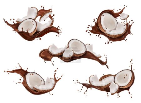 Ilustración de Chocolate realista bebida de leche salpicadura con cocos, alimentos de cacao vector y postre de nuez tropical. 3d choco coctel batido de leche u onda de chocolate derretido, flujo y remolinos con piezas de fruta de coco - Imagen libre de derechos