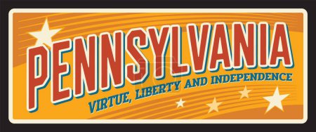 Illustration for Pennsylvania USA state old sign, metal travel plate, American travel souvenir sing. Harrisburg capital. Vector virtue, liberty and independence plaque with state symbol, typography vector metal tin - Royalty Free Image