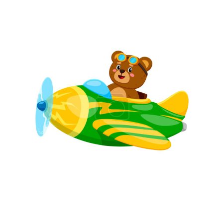Téléchargez les illustrations : Bébé dessin animé ours personnage animal dans l'avion. Animal kid pilote d'avion navigue dans le ciel avec un esprit aventureux prêt pour l'aventure de vol à haute altitude. Personnage mignon pour jeu, livre ou carte de douche de bébé - en licence libre de droit