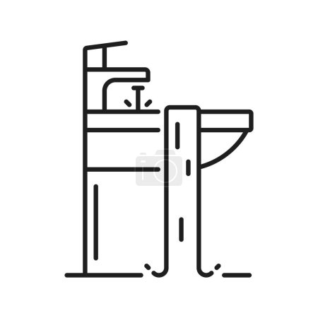 Illustration for Plumber water service icon for bathroom or toilet pipe plumbing, vector outline sign. Home sink faucet leakage repair or house bathroom sewerage drain maintenance service line icon - Royalty Free Image
