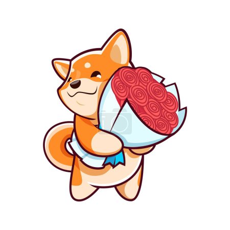 Illustration for Cartoon kawaii pet shiba inu dog character with flowers. Vector cute japanese puppy animal personage with bouquet of red roses, happy face and adorable smile. Funny shiba inu dog emoji with gift - Royalty Free Image