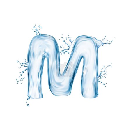 Ilustración de Letra de fuente de agua realista M, tipo de salpicadura de flujo, tipo de agua líquida, alfabeto inglés húmedo transparente. Carácter de fluido vectorial 3d aislado que captura la esencia del agua que fluye con sus curvas de fluido - Imagen libre de derechos