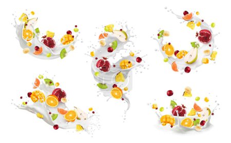 Illustration for Realistic milk wave splash and ripe fruits, vector 3d drink and food. White milk shake or cream dessert flow, swirl and crown splash with mango, pineapple, banana and kiwi, cherry and pear fruits - Royalty Free Image