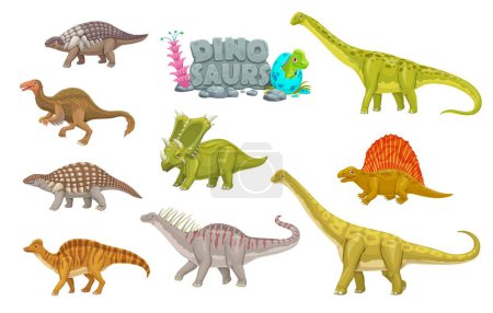 Ilustración de Dibujos animados dinosaurios animales personajes divertidos. Reptiles prehistóricos, animales extintos vector mascotas lindas. Panoplosaurus, Deinocheirus, Nodosaurus y Amargasaurus, Chasmosaurus, personajes de Dimetrodon - Imagen libre de derechos
