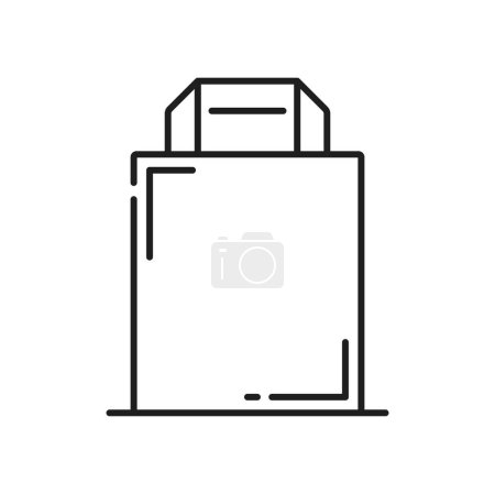 Ilustración de Bolsa de papel maqueta de compras, regalo y paquete de alimentos icono de línea delgada. Bolso negro de contorno aislado vectorial hecho de papel o cartón artesanal con asas de cable - Imagen libre de derechos