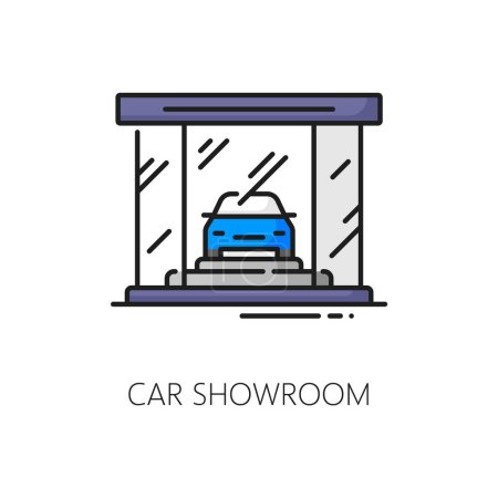 Illustration for Car company showroom, auto dealer, dealership outline icon. Automobile salon, vehicle sale distributor or auto center outline vector icon. Auto dealership linear symbol with car behind glass showcase - Royalty Free Image