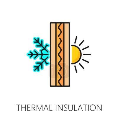 Illustration for Wall thermal insulation layer outline icon. Home facade thermal isolation material outline pictogram, house construction insulation layer technology line vector icon with wall, snowflake and sun - Royalty Free Image