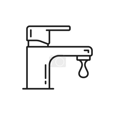 Téléchargez les illustrations : Icône de service de plomberie de fuite de robinet d'eau, symbole de ligne vectorielle. Service de réparation de plombier pour cuisine, salle de bains ou toilettes, réparation de robinet d'eau du robinet cassé et réparation des fuites dans un pictogramme linéaire - en licence libre de droit
