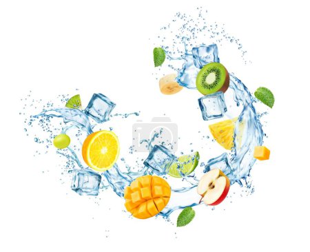Illustration for Circle water drink splash with fruits and ice cubes for multifruit juice, realistic vector. Orange, mango, apple and kiwi with pineapple, lime and banana fruit mix in splashing swirl of water pour - Royalty Free Image