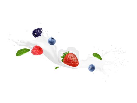 Ilustración de Bebida de yogur, remolino de leche y salpicadura de onda con bayas. Vector 3D aislado producto lácteo realista, batido o chorro líquido blanco crema con fresa, arándano, frambuesa y mora con hojas - Imagen libre de derechos