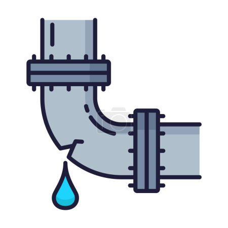 Illustration for Plumbing service color icon, water pipes leakage and broken pipeline repair, outline vector. Plumber service works icon for toilet, bathroom or kitchen pipes or drain sewerage repair and problems fix - Royalty Free Image