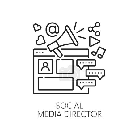 Ilustración de Director de redes sociales, Icono especialista en TI para marketing en Internet y promoción de contenidos, vector de línea. Blogs y vlogs de redes sociales, podcast y gestor de desarrollo de redes digitales o medios móviles - Imagen libre de derechos