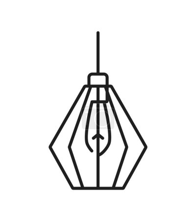 Illustration for Pendant light or ceiling lamp line icon for home lighting fixture in outline vector. Hanging lamp light with lightbulb and lampshade of metal wire frame, interior design element and house illumination - Royalty Free Image