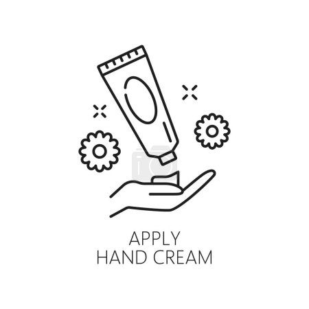 Illustration for Nail manicure service icon with cream tube and female hand. Isolated vector linear simple sign demonstrating how to apply hand cream, symbolizes skincare and moisturizing for soft, healthy hands - Royalty Free Image