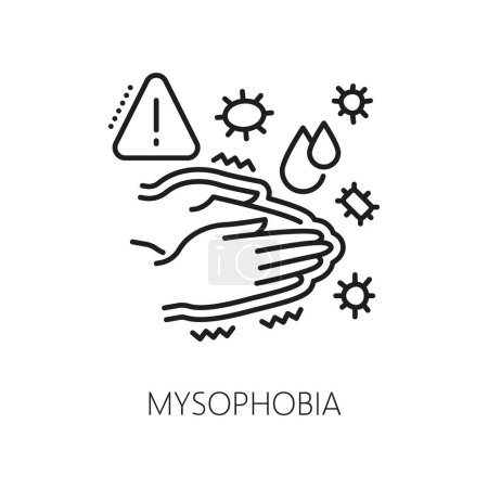 Illustration for Human mysophobia phobia icon, mental health. Fear of germs, people psychology problem line vector symbol. Mental disorder linear sign or pictogram with human hands, microbes cells - Royalty Free Image