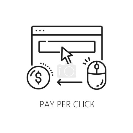 Illustration for Pay per click. Serp icon. Search engine result page. Isolated vector linear ppc sign represents browser screen, pointer, mouse and dollar symbol, symbolizing the cost-per-click advertising model - Royalty Free Image