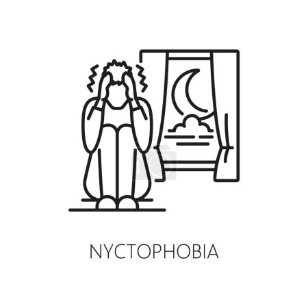 Illustration for Human nyctophobia phobia icon, mental health. Fear of the dark, people psychology problem thin line vector symbol. Mental disorder and phobia outline icon with scared man sitting near window at night - Royalty Free Image