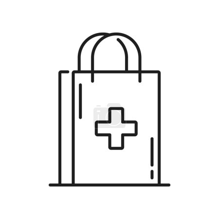 Illustration for Pharmacy bag line icon, medicines order pack of medical treatments, outline vector. Pharmacy online shop web pictogram of paper bag with medical cross and handles in thin line for healthcare products - Royalty Free Image
