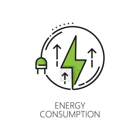 Illustration for Green energy consumption, clean power line icon. Alternative energy industry, green power station or electricity ecological production thin line vector icon with green lightning, electricity plug - Royalty Free Image