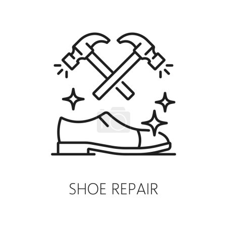 Téléchargez les illustrations : Équipement de réparation de chaussures icône de ligne mince, service d'hôtel pour le nettoyage des chaussures. Outils de réparation de chaussures vectorielles. Marteaux et bottes propres - en licence libre de droit