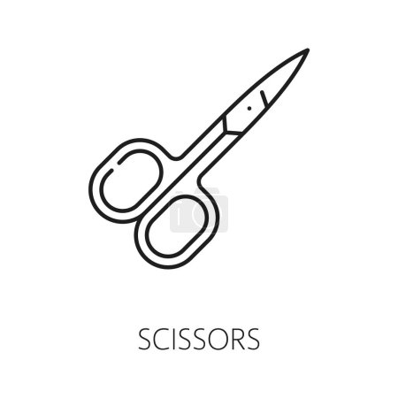 Illustration for Nail manicure service icon with scissors. Cosmetology products, cosmetics and makeup tools shop, manicure and pedicure master line vector icon. Woman beauty or spa salon linear symbol or sign - Royalty Free Image