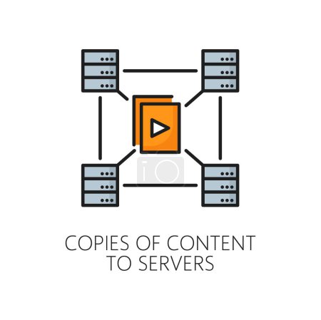 Illustration for Copies of content to servers. CDN. Content delivery network icon, web media database administration and publishing system, website file technology linear vector icon with server computers - Royalty Free Image