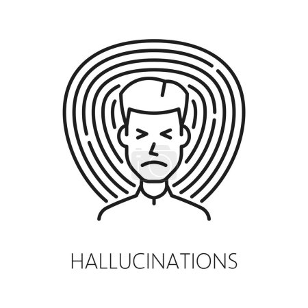 Illustration for Hallucinations. Psychological disorder problem, mental health icon. Psychotherapy problem symbol, human psychology and mental disorder outline vector icon or pictogram with man seeing hallucinations - Royalty Free Image
