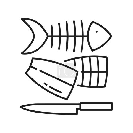 Ilustración de Procesamiento de pescado crudo, corte y fileteado aislado icono de la línea de la industria pesquera. Piezas vectoriales de peces y huesos, signo de contorno de cuchillo - Imagen libre de derechos