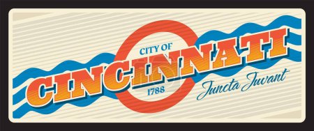 Ilustración de Cincinnati ciudad americana placa de viaje retro signo pegatina retro. Placa de la lata de los Estados Unidos de América, bandera del vector, símbolo americano de la ciudad, asiento del condado de Hamilton, Ohio, Estados Unidos - Imagen libre de derechos