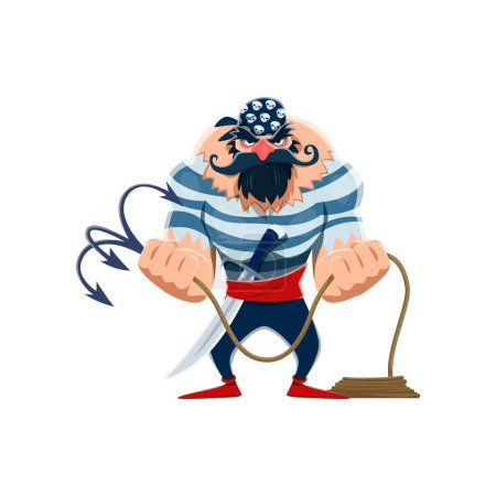 Illustration for Cartoon pirate sailor character with a menacing bearded face brandishes a grappling hook, ready for adventure on the high seas. Isolated vector swashbuckling, adventurous buccaneer in vest and bandana - Royalty Free Image