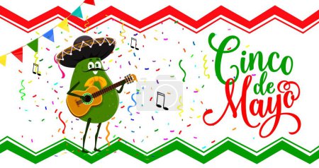 Illustration for Cinco De Mayo banner with cartoon avocado character for Mexican holiday, vector background. Funny avocado mariachi musician in sombrero with guitar, music notes and confetti for Cinco De Mayo fiesta - Royalty Free Image