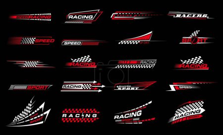 Illustration for Race sport, car stripe stickers and racing line decals, vector auto vehicle vinyl wraps. Race sport car stripe stickers with speed checker flag, fast arrow and tire wheel for racing sport line decals - Royalty Free Image
