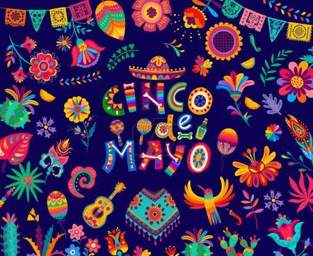Illustration for Cinco de mayo mexican holiday flyer. Cartoon vector banner with lettering and festive items for celebration. Guitar, maracas, cactus and poncho. Sombrero, hummingbird in traditional alebrije style - Royalty Free Image