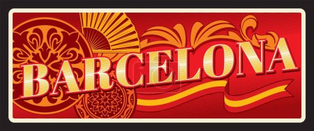 Téléchargez les illustrations : Autocollant de voyage Barcelone, emblème de la ville ou armoiries, élément emblème du carnaval. Plaque vectorielle ou étiquette de bagages de la ville d'Espagne, panneau d'étain vectoriel. Plaque de voyage et de tourisme Espagne avec drapeau espagnol - en licence libre de droit